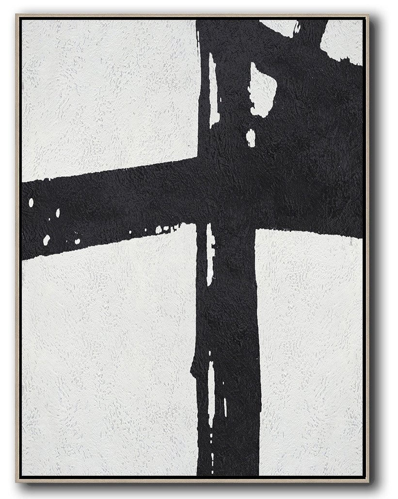 Hand-Painted Black And White Minimal Painting On Canvas - Photo Enlargements On Canvas Recreation Room Large